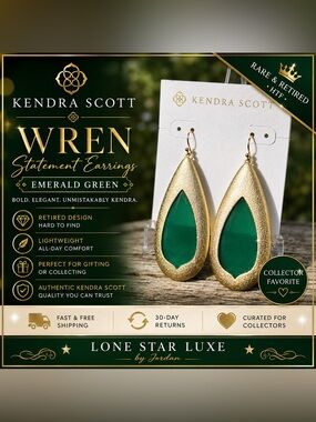 RARE/Retired Kendra Scott Wren Emerald Gold • Collector Piece • HTF Earrings